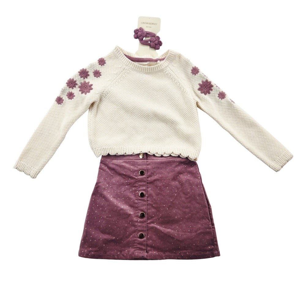 Cynthia Rowley Girls 3pc Outfit‎ Set Sweater Skirt Hair Clips Cream Mauve 4